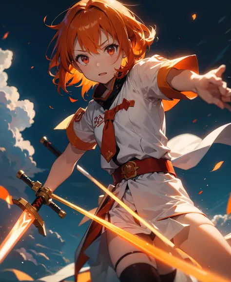 asunayuuki, orange hair， with two shining swords, white combat uniform, sword art onlineの翻案, a red stroke simulating the charact...