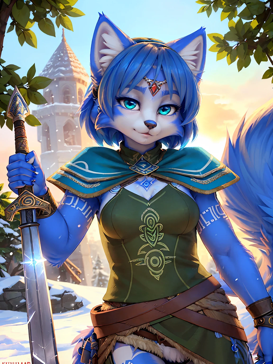 a picture of ((krystal)), Star Fox krystal, lovable, green eyes, medium breasts, (((Long blue hair 1.3))), Decollete, anthro, furry, Uploaded E621, detailed fluffys fell, (von Fluff-Kevlar, Bayard Wu, Pino Daeni), detailed face, (fluffy), 1 girl, alone, sweet girl, alone, ((​masterpiece, highest quality, Highest image quality, High resolution, photorealestic, RAW-Foto, 8k)), wavy medium length haircut, Fur all over the body,Looking for a cock, standing in the winter foAuflösungt, (((Wears Celtic medieval warrior clothing))) ,(((holding sword))) , (((complete outfit))), (((ready for battle))), secure content, ((High quality)),