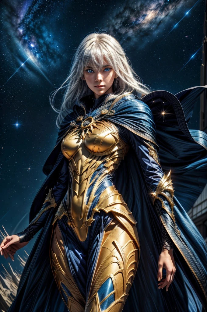  "4K anime style quality, digital drawing mode, cosmic-themed anime female character, long white hair with sparkling stars, deep blue eyes, wearing a dress with a cloak that looks like the night sky, standing with one hand raised to the heavens, summoning a meteor shower, body arched backward, surrounded by cosmic energy, radiant skin, mysterious and powerful expression, full body, dynamic pose, life size, perfect anatomy, detailed skin texture, full HD, 4K, HDR, perfect anatomy, depth of field."