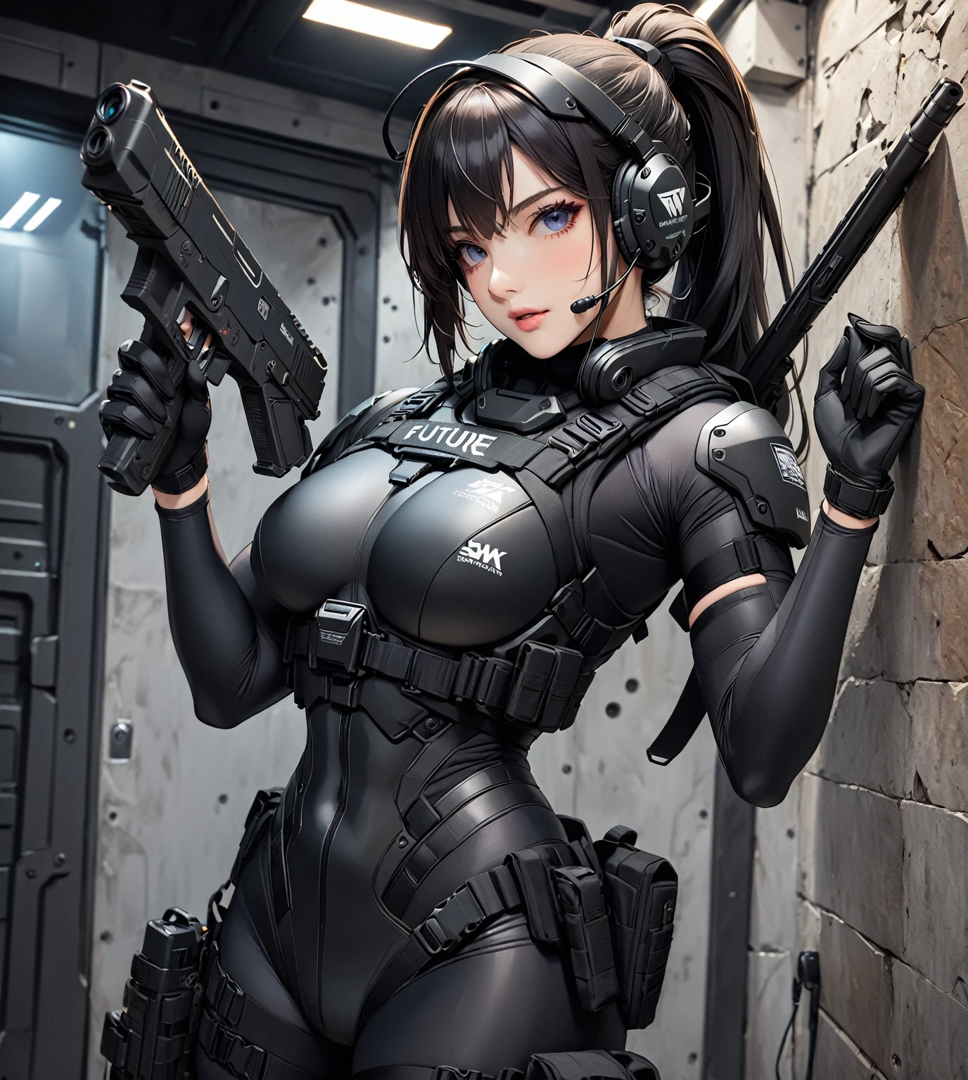 (masterpiece:1.2,Highest quality,Highest quality,Very detailed:1.2),8k,wallpaper,(One Woman),(Future female SWAT team members),(((pistol:1.6))),(Extremely form fitting black tactical bodysuit),(Tactical Headset),(Tactical Holster),(Tactical Gloves),break(Severe),(ponytail),(Black Hair),(Beautiful Face),(Beautiful Eyes),(Beautiful Eyes),(Very detailedな顔),(Very detailedな女性のhand),(Muscular),(sexy),(Big Breasts),(Thick thighs),(Beautiful body),(The background is the neon streets of a future city:1.6),(cyber punk:1.6),(((hand,detailed,perfection,perfectionion,hand))),(Beautiful female hand),(正確なhand描き)
