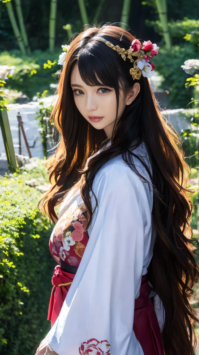 Long Wavy Hair, Floral Hair Accessories, wearing traditional samurai costume、Wearing floral patterns and armor, Sword ready, Concentrate on watching. The background is a natural and quiet bamboo forest, The soft lighting creates a calm and fresh atmosphere.. The image is taken from the side, The exposure is balanced、The subject is in focus.