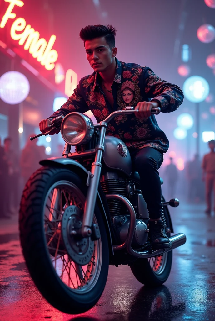 A young man with a modern and striking style. He has his hair combed upwards and a polished appearance.. He wears a dark shirt with detailed designs., including an image of a woman, flowers and other decorative elements.The young man is on a motorcycle doing a wheelie The background is vibrant, with a night time party atmosphere, illuminated with neon lights and disco balls. You can see the name  "FEMALE", cinematic lighting, Surrealism, HD, necessary, Super detail, fur 