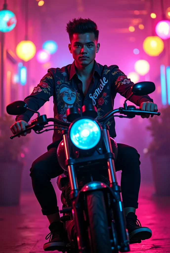 A young man with a modern and striking style. He has his hair combed upwards and a polished appearance.. He wears a dark shirt with detailed designs., including an image of a woman, flowers and other decorative elements.The young man is on a motorcycle doing a wheelie The background is vibrant, with a night time party atmosphere, illuminated with neon lights and disco balls. You can see the name  "FEMALE"