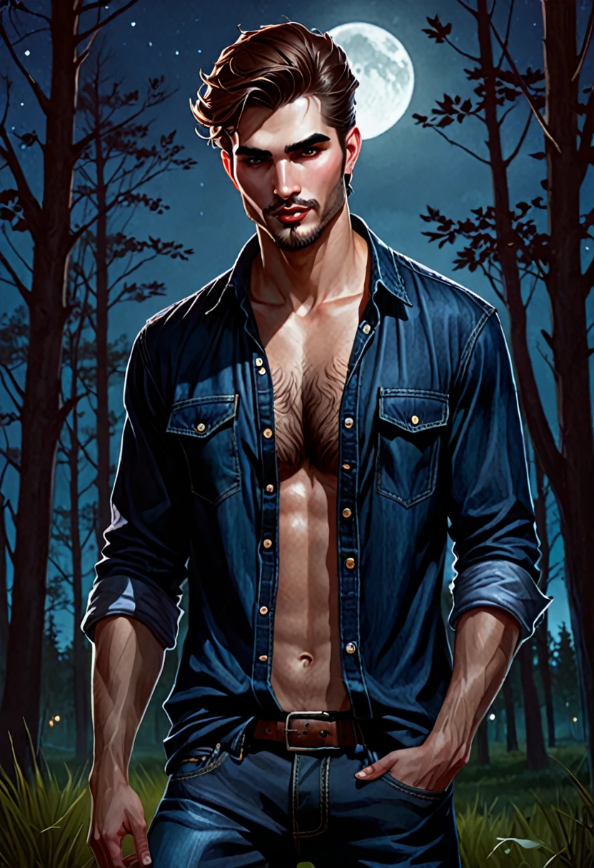 (good quality), (many details), (masterpiece), style of Charlie Bowater, man, vampire, fangs, open lumberjack shirt (check shirt), strong chest hair, lumberjack cap, jeans, wild brown hair, hands that are like claws, in the park at night , broad shoulder, small nose, serious face, scar on the chest