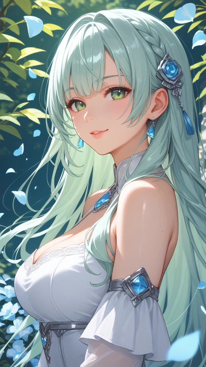 score_9, score_8_up, score_7_up, 1girl, light green long hair with bangs, light blue petals on cheeks, skin texture, detailed picture, halfbody, Luminous style 