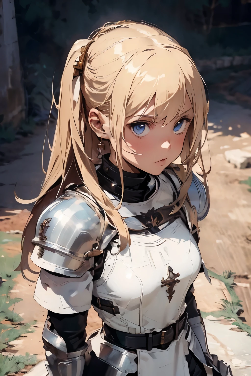 ((ultra-detailed)), (beautiful detailed eyes), (1girl), full body, knight, armour, light hair, expressive eyes, perfect face, Girl: (20s, blonde hair, long hair, white shirt, gold armour, black gloves, knee boots, white pantyhose, black shorts, plate armour), dungeon, brick floor, stone floor, underground, moss, walking, armor, retro anime, (cinematic lighting), (illustration), anime, (masterpiece))), (((best quality))), best quality