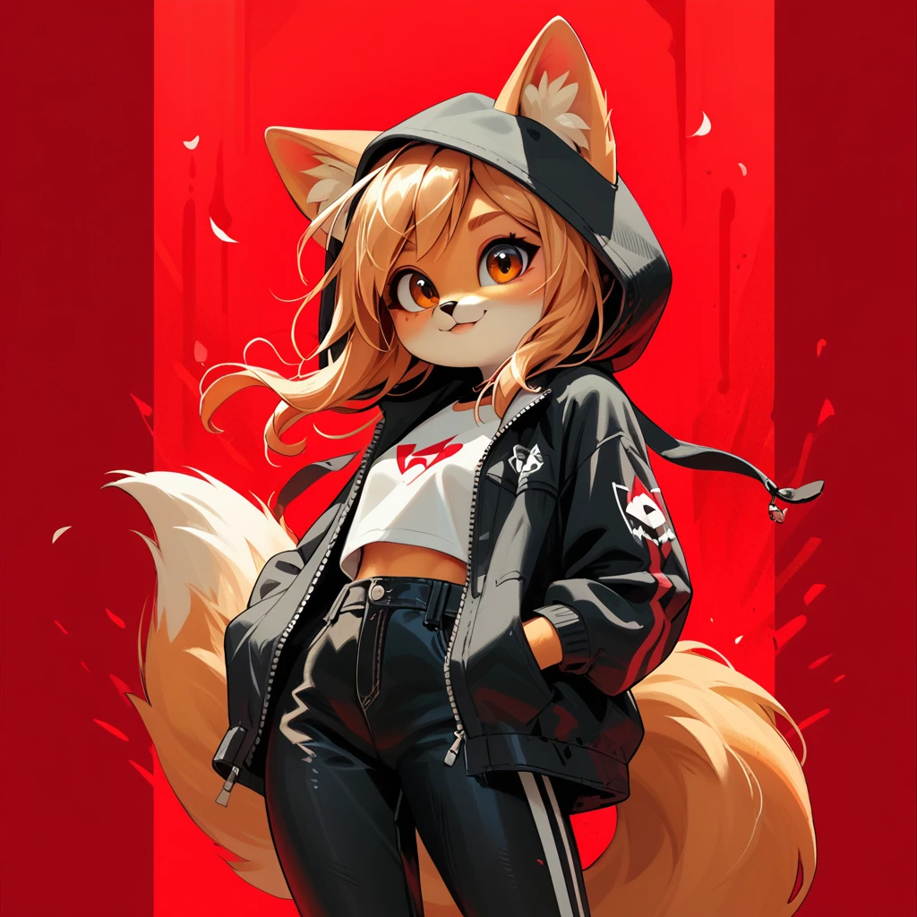 1girl, fox girl, cute fox, anthro, black hood, black pants, red background