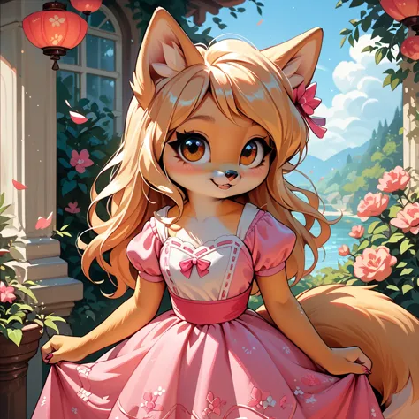 1girl, fox girl, cute fox, anthro, pink princess dress, blonde hair