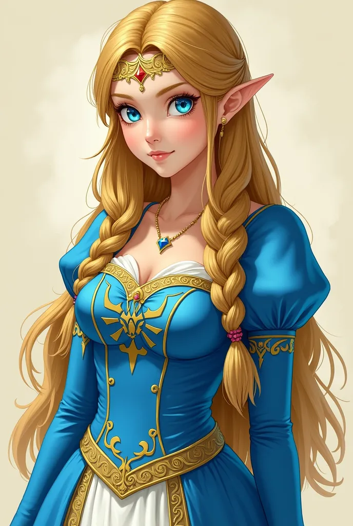 Overall Appearance:

Hair: Zelda’s long, blonde hair is styled in her signature look: the front section is braided into a crown-like pattern that wraps around her head, while the rest cascades down her back in soft waves. Her hair is well-kept and adds to her regal appearance.

Eyes and Face: She has large, bright blue eyes that are full of emotion and intelligence. Her face is youthful and fair, with a gentle expression that reflects her kindness and wisdom. She has soft, delicate features, with slightly arched eyebrows that match her hair color.

Blue Royal Dress:

Dress Design: The dress is a vibrant royal blue, symbolizing her noble status and the kingdom of Hyrule. The gown has a fitted bodice with a high collar and elegant gold embroidery along the edges, which includes intricate Hylian symbols and patterns that signify her royal lineage. The embroidery also decorates the hem and sleeves, adding to the luxurious look of the dress.

Sleeves: The sleeves are long and fitted, with gold embroidery that mirrors the detailing on the bodice and skirt. The cuffs of the sleeves are slightly flared and lined with white, adding a touch of contrast.

Skirt: The skirt of the dress is floor-length and flows elegantly. It is slightly flared, allowing for graceful movement. The blue fabric is rich and heavy, giving the dress a regal drape. There is a wide white panel down the front of the skirt, also embroidered with gold designs, which complements the blue fabric beautifully.

Waist and Accessories: Zelda wears a gold belt that sits at her waist, cinching the dress and adding definition to her silhouette. This belt is ornate, with a design that matches the embroidery on her dress.

Accessories:

Tiara: Zelda wears a delicate gold tiara that rests on her forehead, a symbol of her royalty. The tiara is simple yet elegant, adorned with small gemstones or designs that add a touch of sparkle without being overly flashy.

Earrings: She has small, refined earrings that match her ti