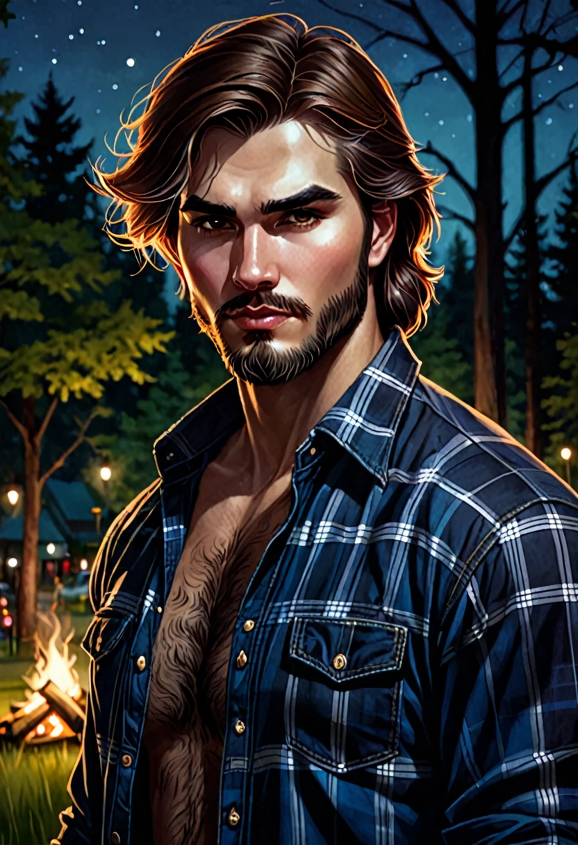 (good quality), (many details), (masterpiece), style of Charlie Bowater, man, vampire, fangs, open lumberjack shirt (plaid shirt), strong chest hair, lumberjack cap, jeans, wild brown hair, hands that are like claws, in the park at night, broad shoulder, small nose, serious face, scar on the chest, wild face, not beautiful, broad face, wild beard, unkempt