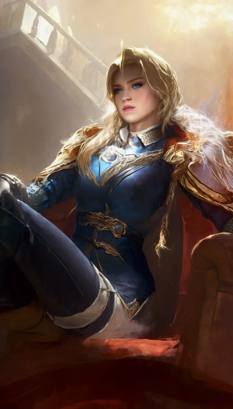 this image is a digital artwork of a female character with blonde hair, blue eyes,realistic foto,wearing a blue and gold armor a...