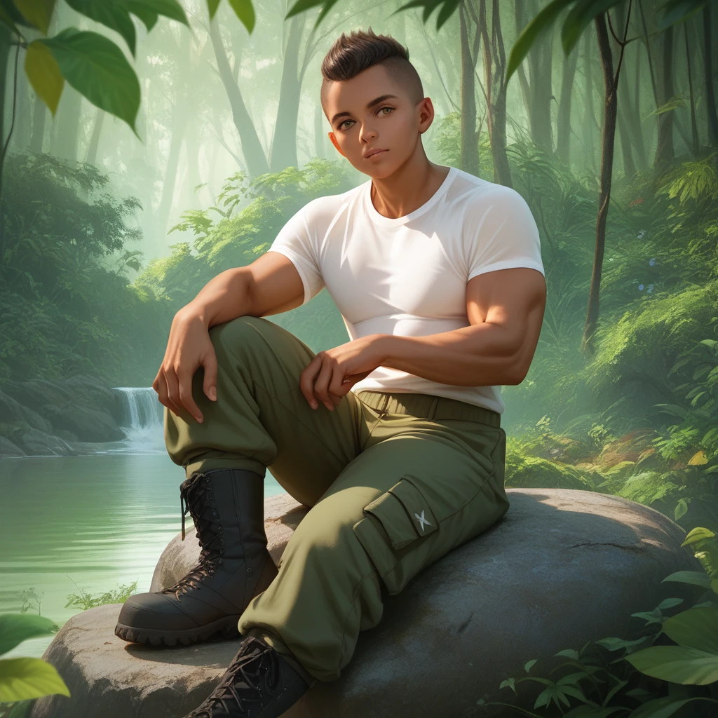 Realistic, hyper realistic, muscular man, tight white tea shirt, military camp pants, combat boots, slightly tan skin, sitting on rock by a small stream, lush green forest