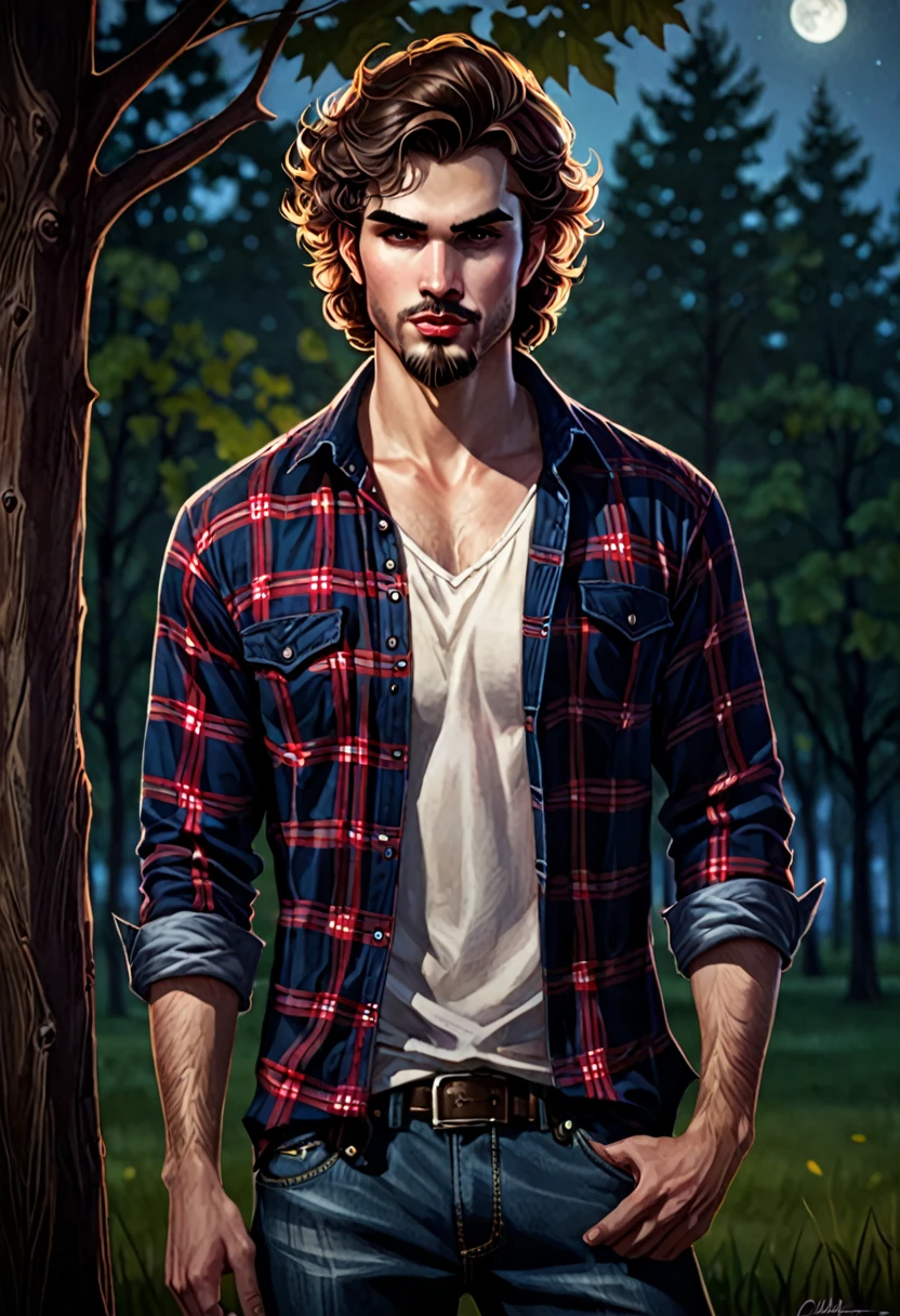 (good quality), (many details), (masterpiece), style of Charlie Bowater, man, vampire, fangs, open lumberjack shirt (plaid shirt), strong chest hair, hat, jeans, wild short curly brown hair, hands, like claws, in the park at night, broad shoulder, small nose, serious face, scar on the chest, wild face, not handsome, broad face, wild beard, unkempt, thug type, grumpy, loner, gloomy