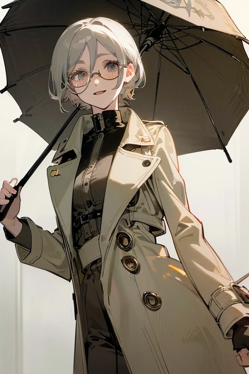 ((Masterpiece:1.5, Best Quality, High Resolution:1.3, Super Resolution, Super Detailed, Ultra Detailed:1.3, Perfect Anatomy:1.5, 1 Female) Pale Skin + Short Gray Hair + Gray Eyes + Long Eyelashes + Female Figure (Suit, Trench Coat, Glasses) ((Open Eyes, Cheerful Expression, Luminous Eyes))