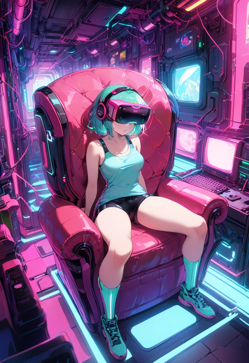 A young girl immersed in a dark, futuristic environment, sitting in a large red armchair or pouf under dim neon lighting. The girl is wearing a virtual reality headset that emits a green glow, and his body is covered in detailed tattoos that run down his arms and legs. Wear a tight tank top, and her relaxed posture suggests she is absorbed in a virtual experience. Around her, Cables and technological devices fill the space, creating a cybernetic and dystopian environment. The image has a visual distortion effect and horizontal lines, as if it were a video stream or a low quality recording, accentuating the retro-futuristic and cyberpunk aesthetics