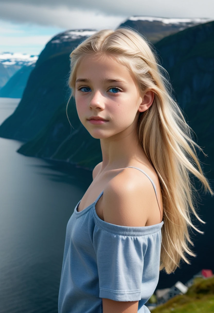 imagine full body shot of a beautiful twelve year old young Danish teenage girl, standing in front of a Norwegian fjord, body, Very , 32A, long wavy blonde hair with shaved sides, open shoulders, beautiful fjord, Navel, grey-blue eyes ), Oval face, body, flat chest, skinny figure, 32A, gorgeous young model, long blonde hair with shaved sides, beautiful girl model, Very милая модельная девушка, Cute young girl, flat chest, the most beautiful teenage model in the world, Beautiful face, thin face, Very красивая молодая девушка, flat chest, , Ultra realistic skin, perfect face, young and sweet girl, , 8 K, ultra high resolution.photorealistic, uhd, masterpiece, , shy, innocent , clean,High image sharpness, full body shot