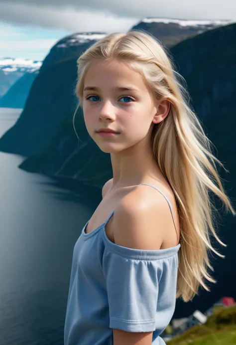 imagine full body shot of a beautiful twelve year old young danish teenage girl, standing in front of a norwegian fjord, body, v...