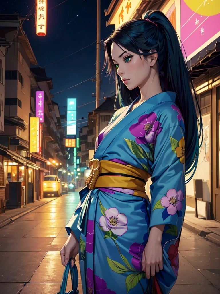 (piece of art, better quality, a high resolution:1.4), wallpaper, whole body, 1 girl, long hair, (blue hair:1.0), (black hair:1.0), green eyes, multicolored hair, Gradient for hair, small chest, facing away, the yukata , popper for the party, night, hairclip, band,