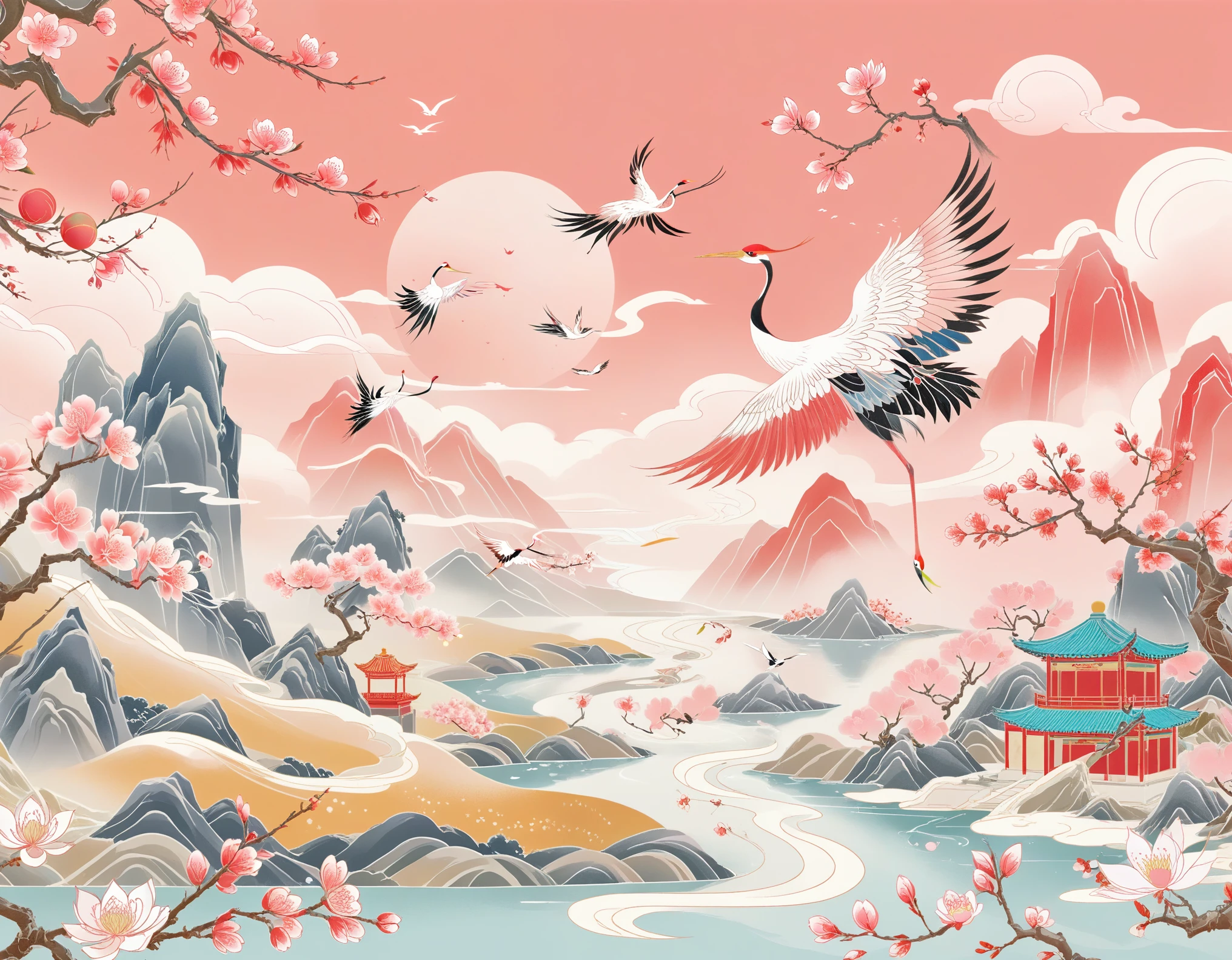 (Golden Section composition), (Golden Ratio), mountain, river, tree, peach blossom, Spring, In the distance A red-capped crane Spread your wings and fly, sky, clouds, cartoon, flat illustration，guofeng，chinese style，gcch