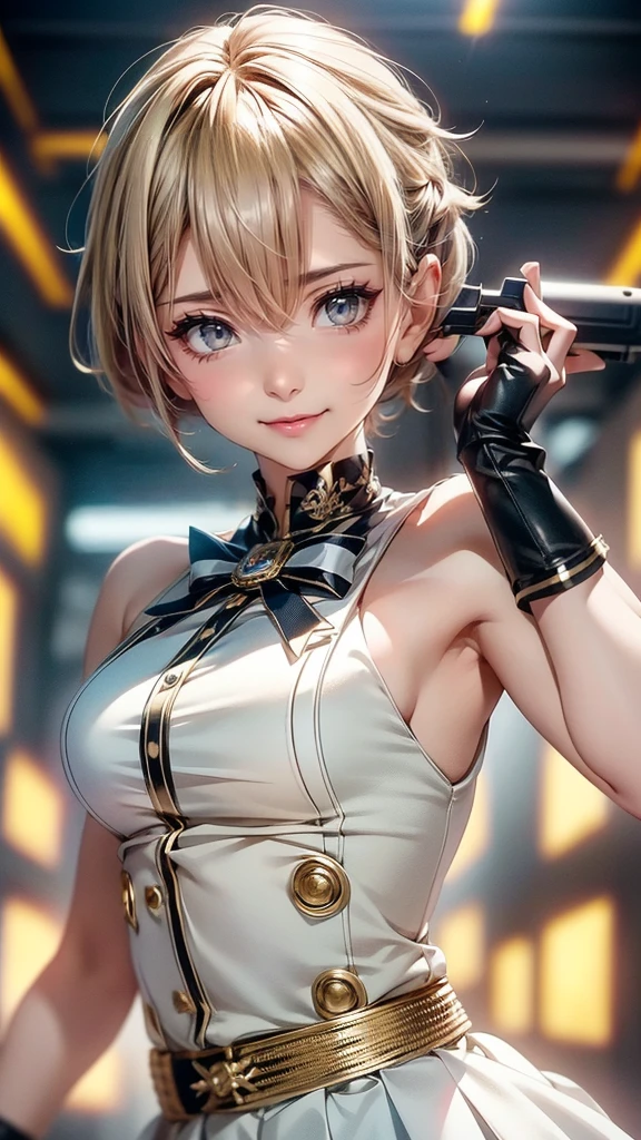 kawaii, cute boyish girl with very short boyish blonde hair, gold piercing gaze, glamorous proportions, wearing a white school uniform and gloves, holding a machine gun, background wide variety punks, (ultra detailed, absolutely resolution, best quality:1.3), 2.5D, delicate and dynamic effects, lighting effects, artistic, hyper, graphic CG digital art