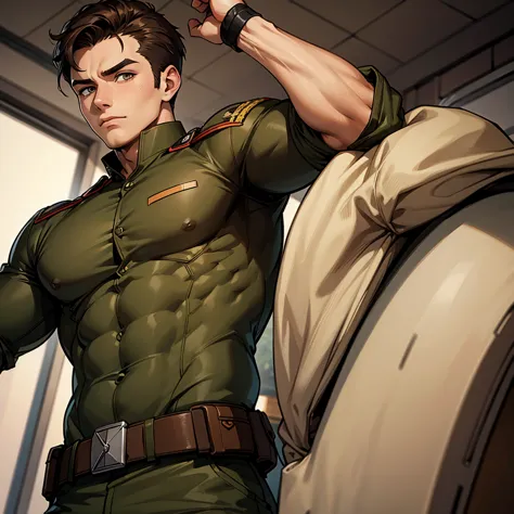 a muscular boy with brown hair,eyes browns,military clothes,(high quality)