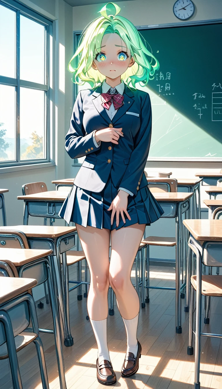 high school girl, standing on tiptoes, peeking, shy expression, flushed cheeks, moist eyes, embarrassed look, gazing upwards, school uniform, small stylish slender figure, beautifully shaped large breasts, detailed eyes, detailed hands, warm sunset glow, evening classroom, cinematic detail, Japanese anime style, artistic depth, awe-inspiring background, vivid colors, glowing light, Japanese anime style, best quality, 4k, 8k, highres, masterpiece, ultra-detailed, studio lighting, professional photo, (SuperQuality:1.2), natural lighting, (SuperQuality:1.2)