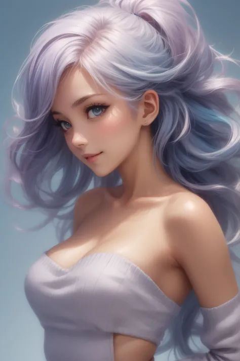 illustrator, anime , realistic , sketch , 1 girl , lip , strapless sweater with bare shoulders and a deep neckline, waist-up vie...