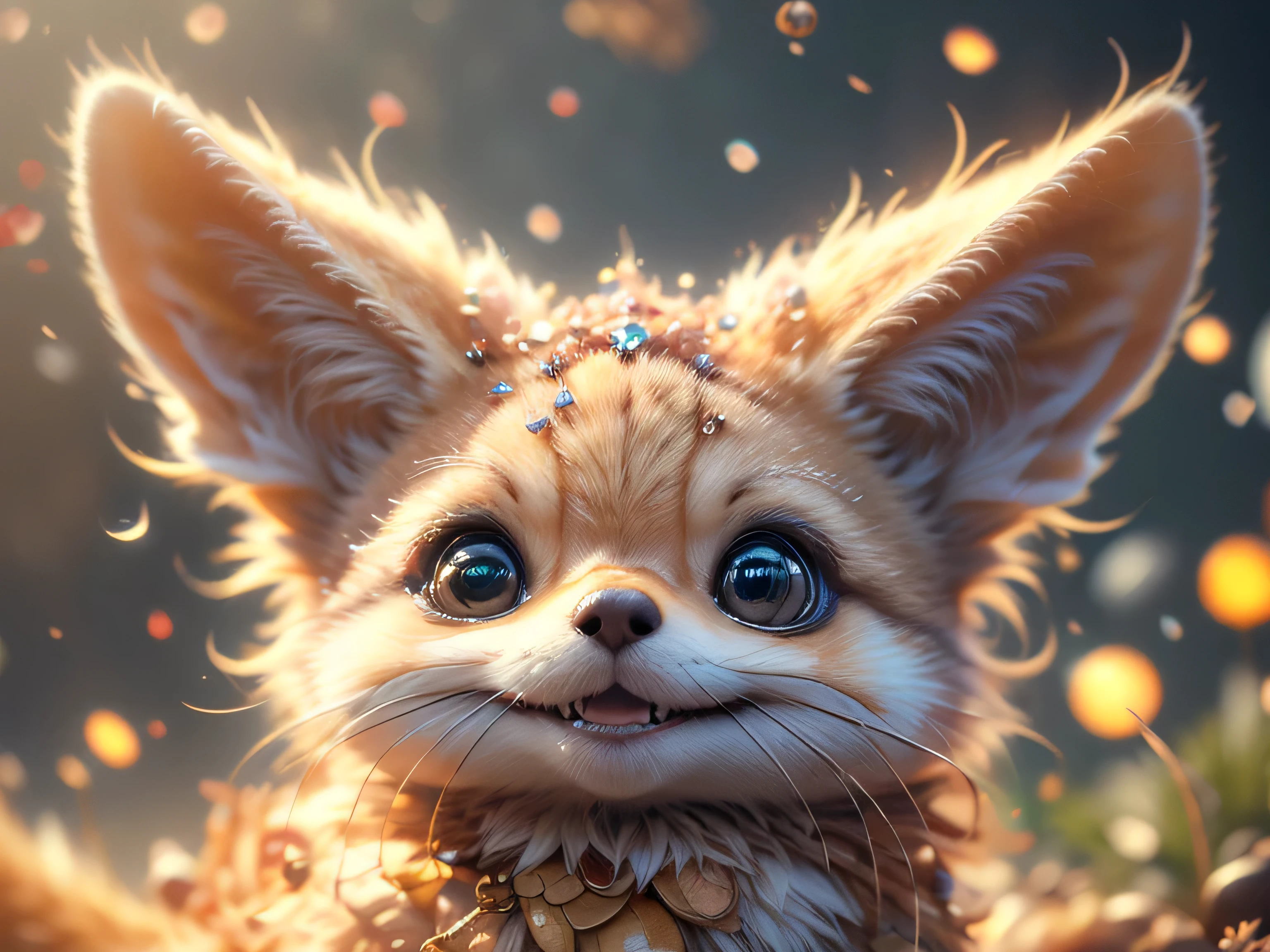 close-up photo super cute, big-eyed, with a soft, gentle nose, fluffy, smiling with two teeth, fennec fox on a natural background, realistic, beautiful, sparkles, stars in the eyes, soft volumetric light, (backlight:1.3), (cinematic:1.2), intricate details, (ArtStation:1.3), Rutkowski --auto --s2