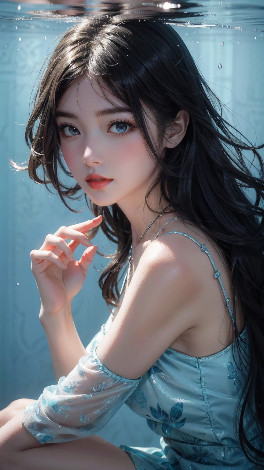 Sweet girl clothes6,print dress, (knee shot) best quality，masterpiece,  black hair，ultra high resolution，Clear face,（Realism：1.4），RAW photos，cold light，woman wearing transparent dress underwater，wallpaper anime blue water，Gurwitz-style artwork，Close-up fantasy of water magic，author：Yang Jie，Gurwitz，A beautiful artistic illustration，Water Nymphs，Beautiful digital artwork，Beautiful digital illustration，Li Song，A beautiful anime portrait，Bovo&#39;s art style