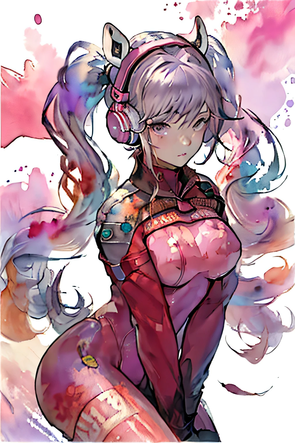 masterpiece, best quality, 1girl, solo, breasts, looking at viewer, alice \(nikke\), pink bodysuit, animal ear headphones, twintails, (watercolor art, watercolor anime) 