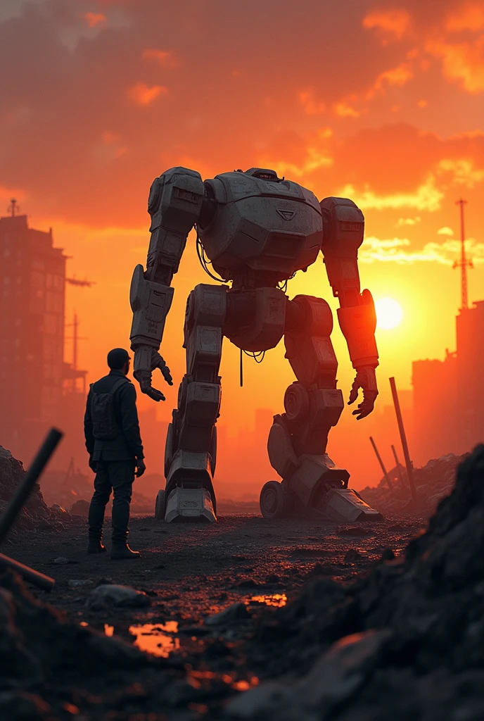 After the fierce battle、壊れたロボット、A collapsed and broken combat robot、The setting sun shines on the robot、Backlight by the setting sun、A soldier looking up at a robot、((silhouette)),Battlefield、Ruins