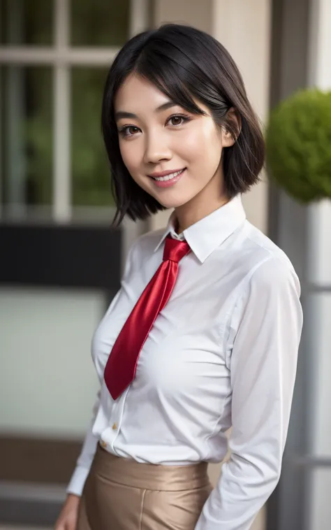 girl, hyper realistic, masterpiece, smile, portrait, bobhair, light gray pencil skirt suit, white shirt, red necktie, pantyhose