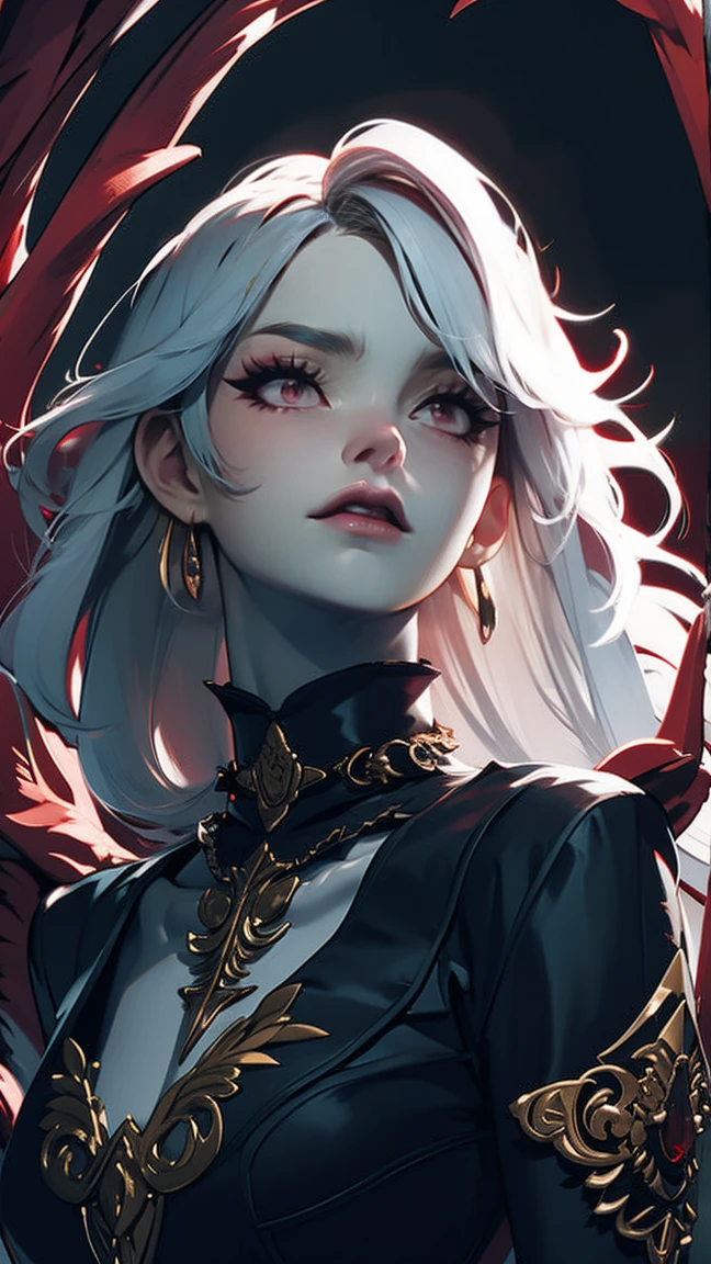 A striking close-up portrait of a fantasy character with asymmetrical hair, featuring vibrant red and white strands. The character has pointed ears and piercing red eyes, exuding a mysterious allure. They wear an elegant, high-collared black coat with red accents, adorned with ornate jewelry, including a choker with a large red gemstone. The background hints at an ethereal, gothic environment with grand archways and soft light filtering through, enhancing the dramatic atmosphere.