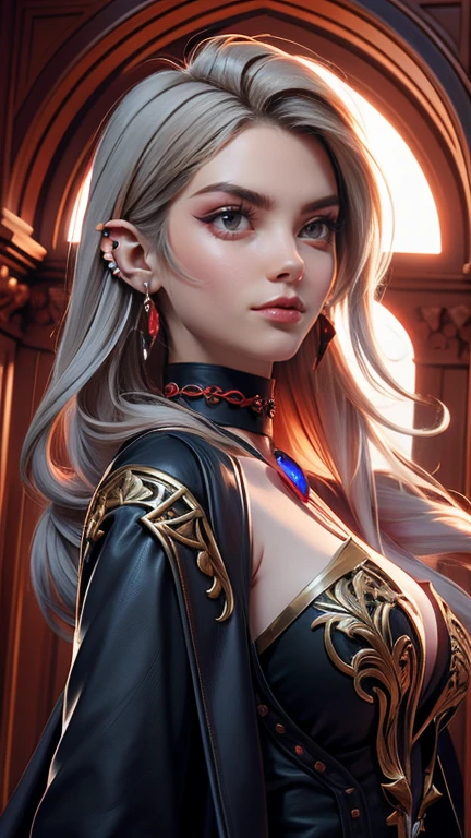 A striking close-up portrait of a fantasy character with asymmetrical hair, featuring vibrant red and white strands. The character has pointed ears and piercing red eyes, exuding a mysterious allure. They wear an elegant, high-collared black coat with red accents, adorned with ornate jewelry, including a choker with a large red gemstone. The background hints at an ethereal, gothic environment with grand archways and soft light filtering through, enhancing the dramatic atmosphere.