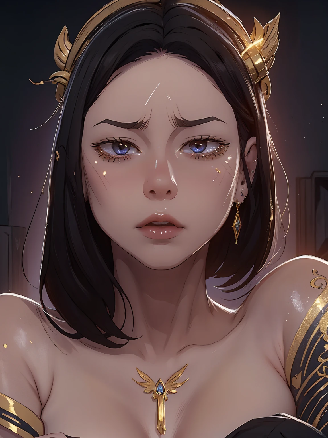 A beautiful girl is captured in an intense close-up, focusing only on his face in the middle of a gloomy and enigmatic environment. She wears a delicate gold crown that sits atop her loose, dark hair., Framing her face with an air of royalty and mysticism. his eyes, large and expressive, Shedding tears of bright gold that contrast dramatically with the darkness that surrounds her. Her pale skin glows slightly, Adorned with intricate gold tattoos that run across her cheeks and neck, adding a touch of ancient magic and mystery. Small golden piercings decorate her eyebrows, Nose and lips, reflecting the light of the golden tears as they run down her cheeks. The scene conveys a mix of sadness and power., as if the girl was caught in a moment of deep emotion, but with an aura of mystery that suggests a larger, darker story behind its beauty. the atmosphere, enveloping and full of melancholy, recalls the dark and detailed fantasy aesthetic, where every golden tear, Tattoos and piercings symbolize an ancient power or a hidden curse.