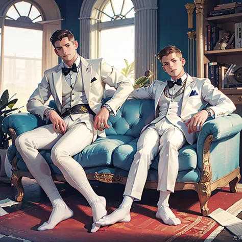 seaart bot txt2img par défaut 23:48:08  expire dans 29 jour(s)
two young rich men in white tuxedos, wearing white thin socks, di...