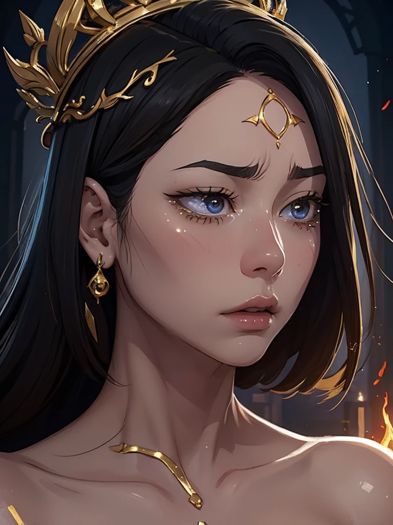 A beautiful girl is captured in an intense close-up, focusing only on his face in the middle of a gloomy and enigmatic environment. She wears a delicate gold crown that sits atop her loose, dark hair., Framing her face with an air of royalty and mysticism. his eyes, large and expressive, Shedding tears of bright gold that contrast dramatically with the darkness that surrounds her. Her pale skin glows slightly, Adorned with intricate gold tattoos that run across her cheeks and neck, adding a touch of ancient magic and mystery. Small golden piercings decorate her eyebrows, Nose and lips, reflecting the light of the golden tears as they run down her cheeks. The scene conveys a mix of sadness and power., as if the girl was caught in a moment of deep emotion, but with an aura of mystery that suggests a larger, darker story behind its beauty. the atmosphere, enveloping and full of melancholy, recalls the dark and detailed fantasy aesthetic, where every golden tear, Tattoos and piercings symbolize an ancient power or a hidden curse.