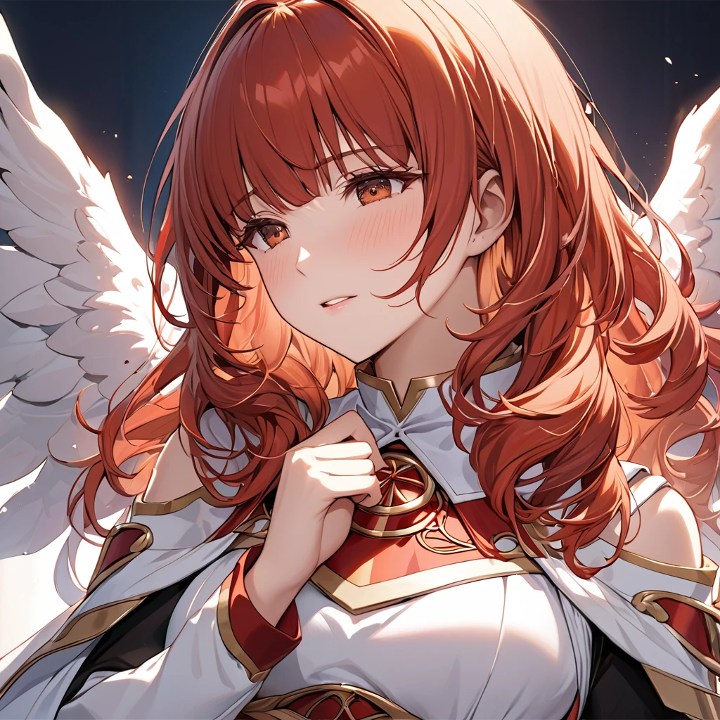 ((Highest quality)), ((masterpiece)), (detailed), （Perfect Face）The woman is a Celica with red hair.、The woman is blessed by God and brainwashed into becoming an angel loyal to God.