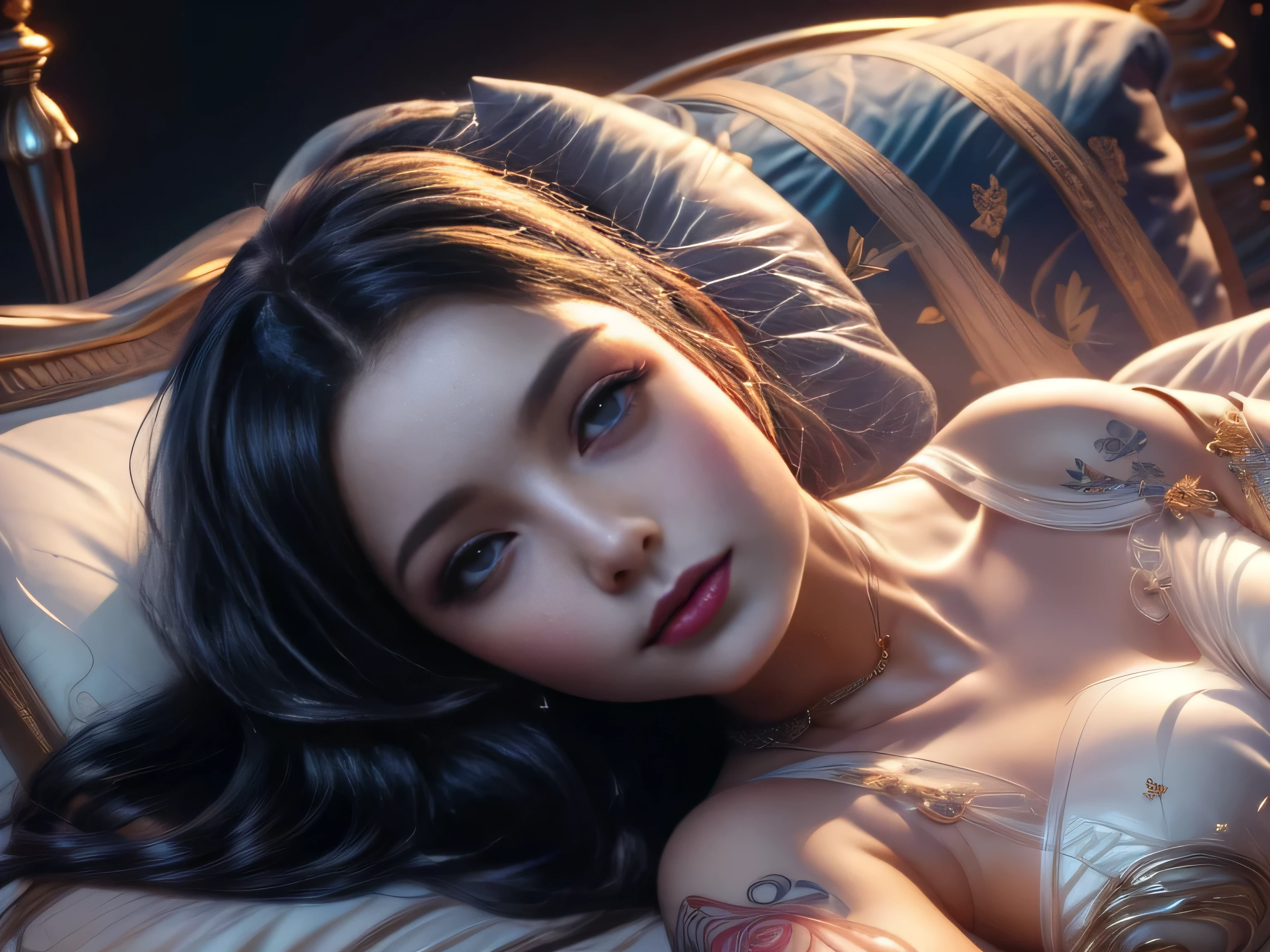 (Best Quality, 8K, Masterpiece, HDR, Soft Light, Picture Perfect, Realistic, Vivid), Full body photography of Goddes, (Clear Focus: 1.5), (Reality: 1.4), There is a naked goddess of darkness lying on a luxurious bed, she has a beautiful face, long black hair, silver eyes, smoky makeup and black lipstick, on her body is a thin transparent layer that is covered with tattoos, she has a seductive look and she lies in a seductive pose, an aura of dark smoke surrounds her, (ultra high-quality fantasy art, dark fantasy style, masterpiece, ultra high-quality character design, 8k quality anime art, realistic anime art, high-quality wallpaper illustrations, detailed ultra-high-quality accurate face, high-quality design and accurate physics), (Accurate simulation of the interaction of light and materials)], [High-quality hair detail [More about the beautiful and shiny black hair]], (Beautiful detailed hands [perfect fingers [perfect nails]]], (perfect anatomy (perfect proportions)))) [[Full-length]], [Perfect color combination (Accurate imitation of the interaction of light and material)], [art that conveys the meaning of the story]