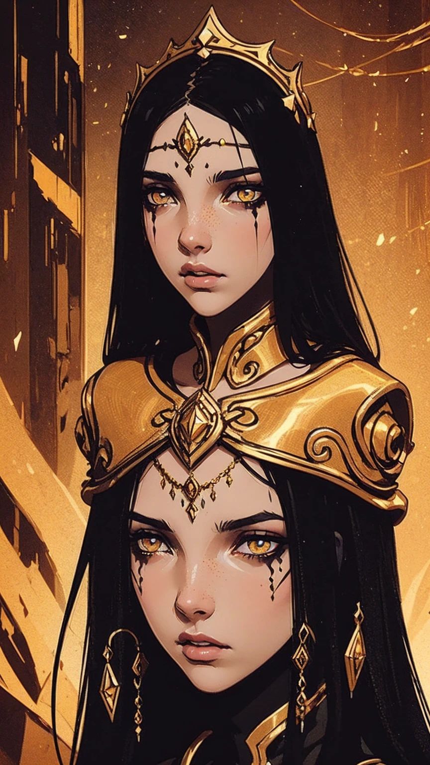 A beautiful girl is captured in an intense close-up, focusing only on his face in the middle of a gloomy and enigmatic environment. She wears a delicate gold crown that sits atop her loose, dark hair., Framing her face with an air of royalty and mysticism. his eyes, large and expressive, Shedding tears of bright gold that contrast dramatically with the darkness that surrounds her. Her pale skin glows slightly, Adorned with intricate gold tattoos that run across her cheeks and neck, adding a touch of ancient magic and mystery. Small golden piercings decorate her eyebrows, Nose and lips, reflecting the light of the golden tears as they run down her cheeks. The scene conveys a mix of sadness and power., as if the girl was caught in a moment of deep emotion, but with an aura of mystery that suggests a larger, darker story behind its beauty. the atmosphere, enveloping and full of melancholy, recalls the dark and detailed fantasy aesthetic, where every golden tear, Tattoos and piercings symbolize an ancient power or a hidden curse.