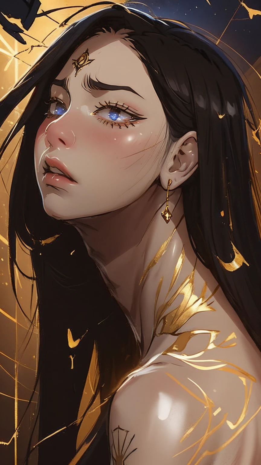 A beautiful girl is captured in an intense close-up, focusing only on his face in the middle of a gloomy and enigmatic environment. She wears a delicate gold crown that sits atop her loose, dark hair., Framing her face with an air of royalty and mysticism. his eyes, large and expressive, Shedding tears of bright gold that contrast dramatically with the darkness that surrounds her. Her pale skin glows slightly, Adorned with intricate gold tattoos that run across her cheeks and neck, adding a touch of ancient magic and mystery. Small golden piercings decorate her eyebrows, Nose and lips, reflecting the light of the golden tears as they run down her cheeks. The scene conveys a mix of sadness and power., as if the girl was caught in a moment of deep emotion, but with an aura of mystery that suggests a larger, darker story behind its beauty. the atmosphere, enveloping and full of melancholy, recalls the dark and detailed fantasy aesthetic, where every golden tear, Tattoos and piercings symbolize an ancient power or a hidden curse.