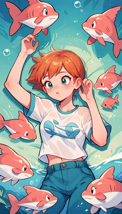 character pokemon, 1 girl , misty , cute ,blue , daydreaming, dolphins, whales, fish swimming over your head