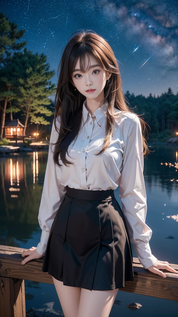 ulzzang-6500-v1.1, (RAW photo: 1.2), (Real photo), (Real photo: 1.4), 1 girl、Perfect anatomy、1、Looking at the camera、Medium length hair、sexy skirt, beside a vast lake in the middle of a wild forest, ((under the night sky with stars: 1.1))、 (Business service)、Asian eyes Ella,