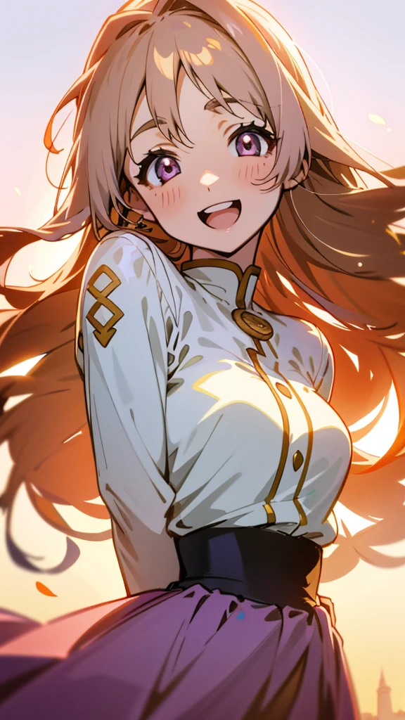 1 girl、Anime Style、美しい light brown hair、Beautiful purple round eyes、Long Hair、Transparent Hair、Translucent hair、Laughing with your mouth open、Upper body close-up、Glowing Skin、Tight waist、Casual wear skirt、Golden hour sky、Background near the lighthouse