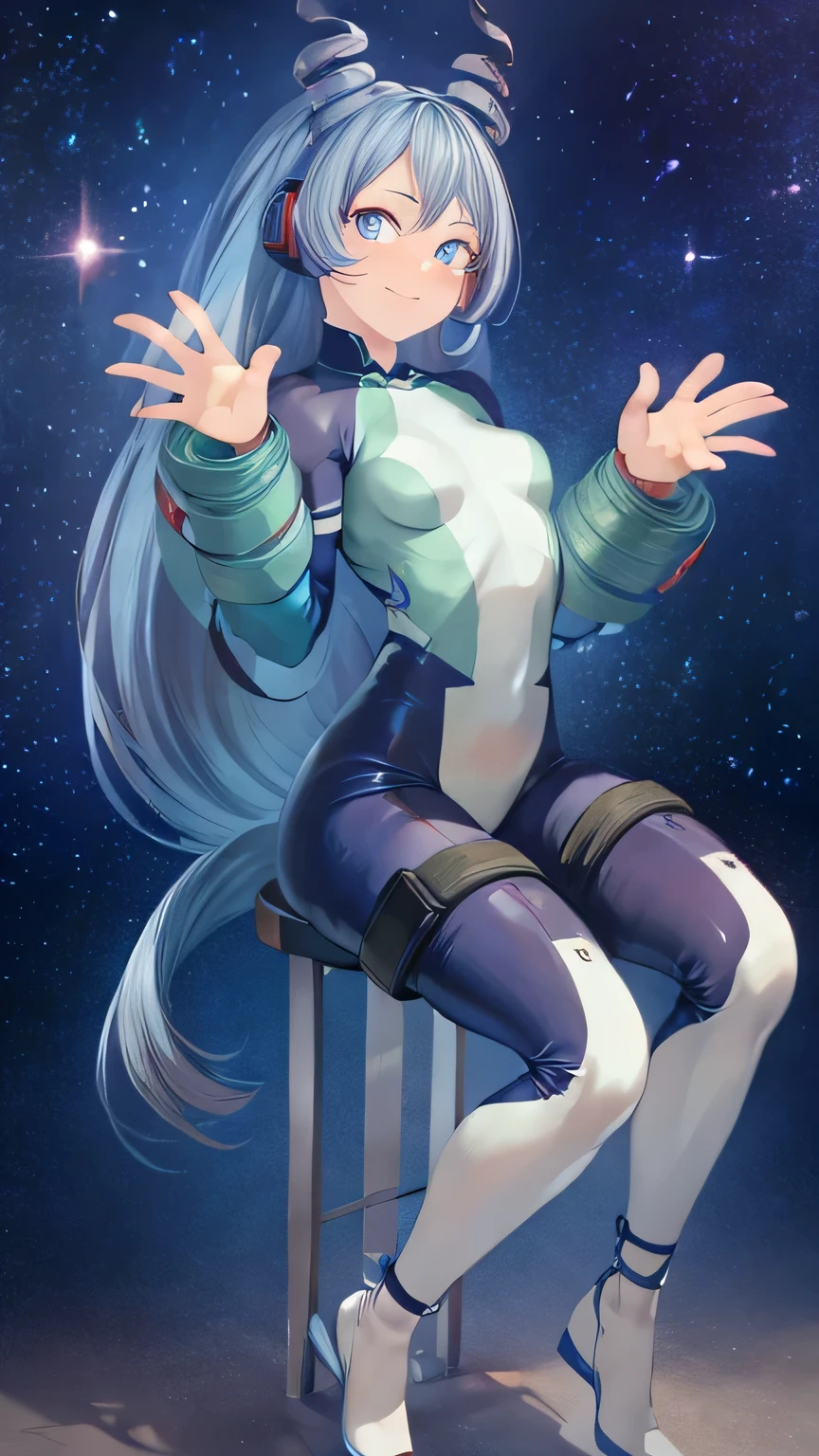 nejirehadou, nejire hadou, blue eyes, blue hair, long hair, Blue Body suit , drill hair, white tradicional Body suit, BREAK looking at viewer, full body, BREAK indoors, in The Air, BREAK (masterpiece:1.2), best quality, high resolution, unity 8k wallpaper, (illustration:0.8), (beautiful detailed eyes:1.6), extremely detailed face, perfect lighting, extremely detailed CG, (perfect hands, perfect anatomy), electric guitar, guitar, headphones, holding, holding plectrum, instrument, long hair, music, one side up,  playing guiter, mad smile, Stylish pose, space background