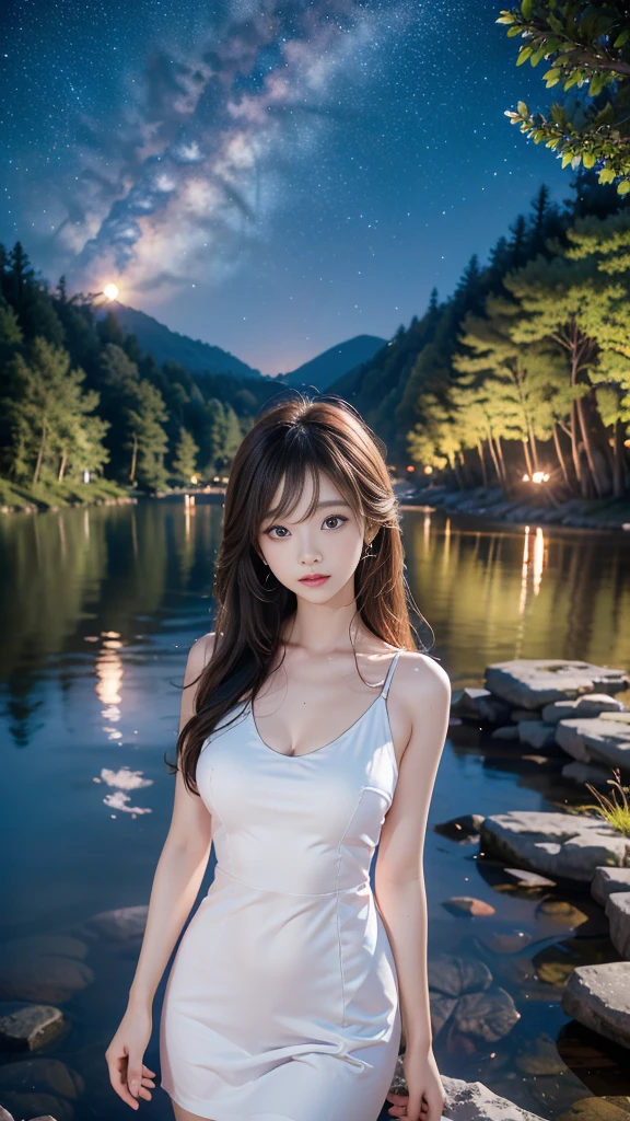 ulzzang-6500-v1.1, (RAW photo: 1.2), (Real photo), (Real photo: 1.4), 1 girl、Perfect anatomy、1、Looking at the camera、Medium length hair、sexy white dress, beside a vast lake in the middle of a wild forest, ((under the night sky with stars: 1.1))、 (Business service)、Asian eyes Ella,