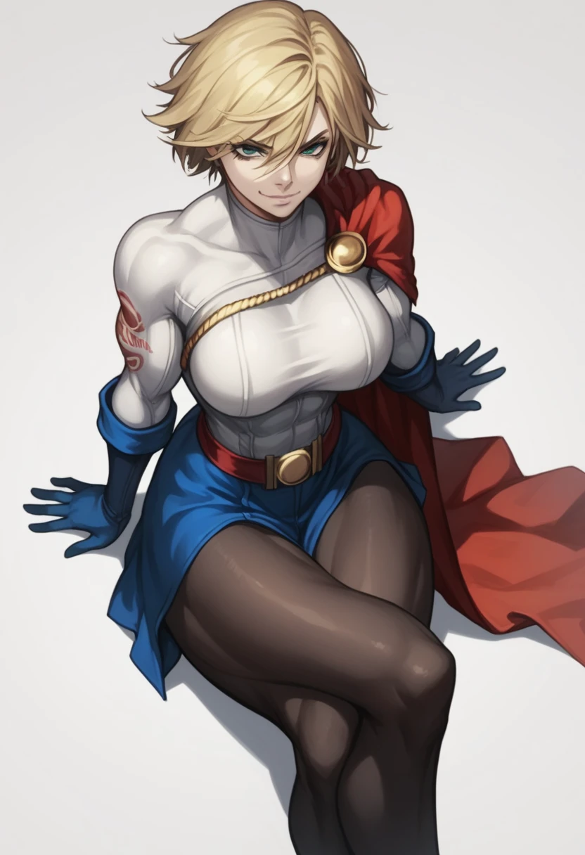 View from above, woman, alone, muscular, short hair, side part, side part, blonde hair with red streaks, tomboy, voluminous hair, gothic, hips, arrogant look, slight smile, slanted eyes, tattoo on arm, power girl outfit, pantyhose, green eyes, white background, big breasts, perfect hands, sitting, crossed legs, perfect legs