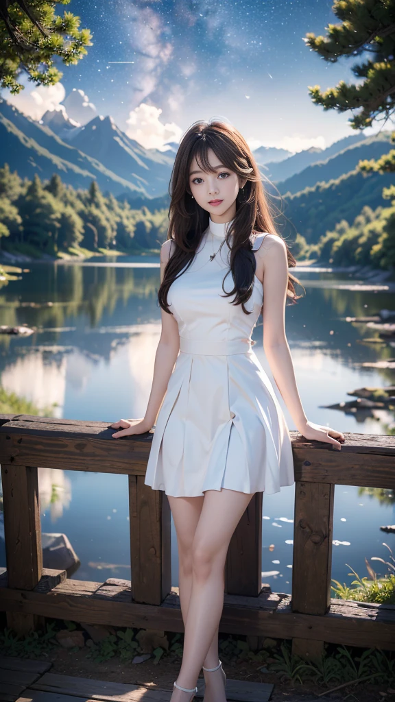 ulzzang-6500-v1.1, (RAW photo: 1.2), (Real photo), (Real photo: 1.4), 1 girl、Perfect anatomy、1、Looking at the camera、Medium length hair、sexy white dress, white skirt, beside a vast lake in the middle of a wild forest, ((under the night sky with stars: 1.1))、 (Business service)、Asian eyes Ella,