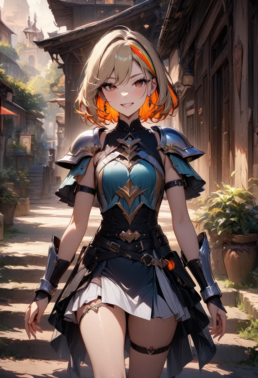 (masterpiece),(best quality),(ultra-detailed),(best illustration),(best shadow),(absurdres),(detailed background),(very aesthetic), score_9, score_8_up, 1girl, solo, orange-hair, multicolored-hair, smile armor, sandals, grin, short-hair, thigh-strap, two-tone-hair, simple-background, streaked-hair, belt, red-hair, orange-eyes, skirt, red-eyes, looking-at-viewer, vambraces, bracer, jewelry, blonde-hair, toeless-footwear, shoulder-armor, earrings, pauldrons, hair-between-eyes, shoulder-pads, leg-warmers, over-shoulder, armlet