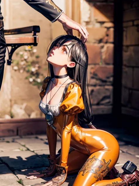 ffgarnet, garnet, long hair, swept bangs, black hair, latex bodysuit, choker, gloves, jewelry,latex juliet sleeves, long sleeves...